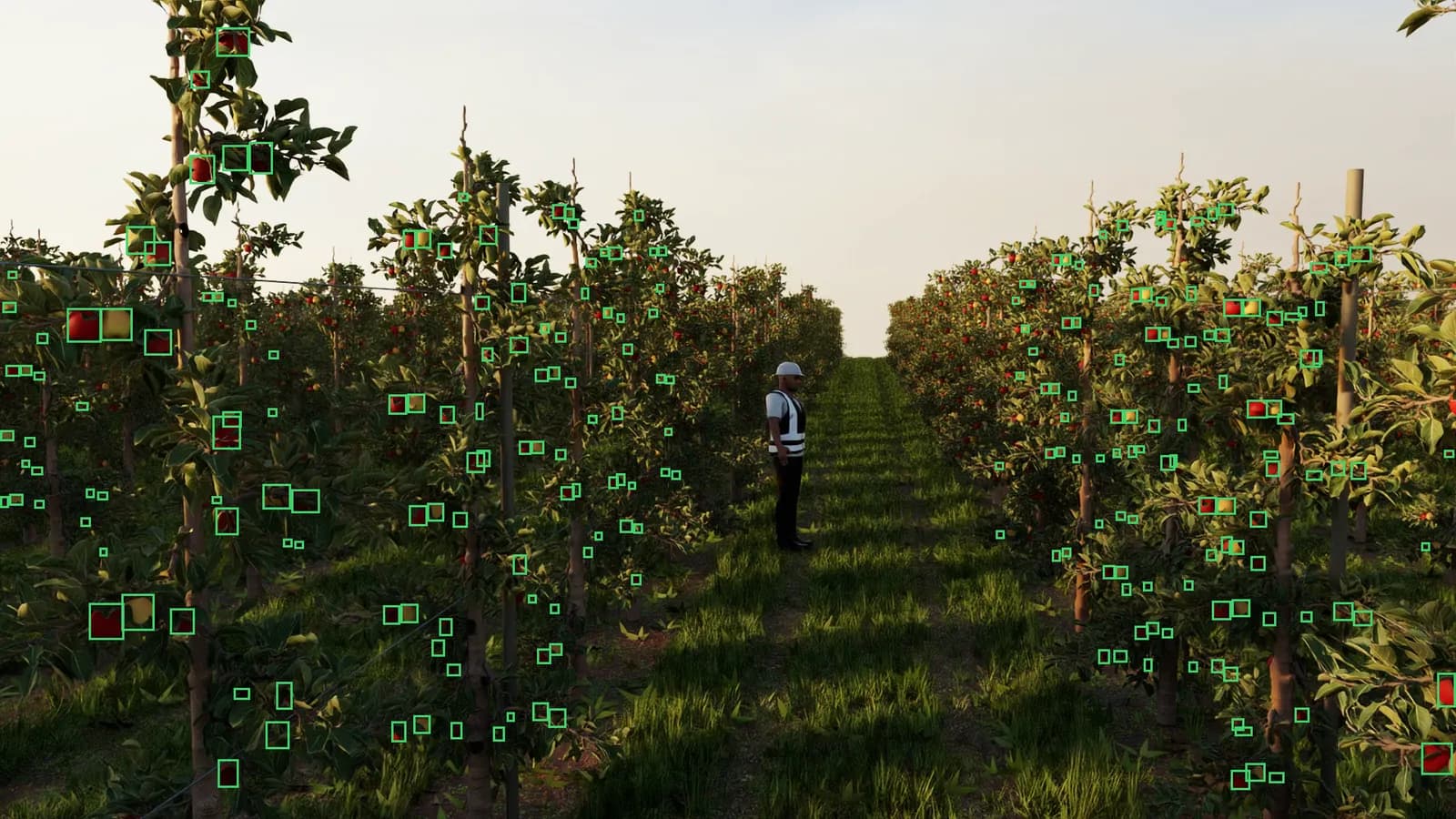 The same frame with a green bounding box drawn around each of 237 visible apples