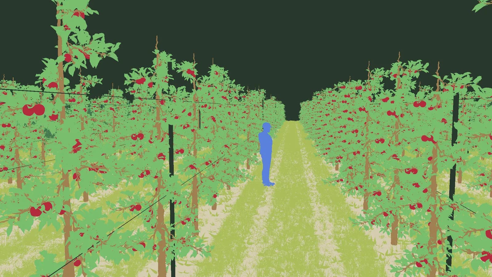 The same frame segmented by class: apples red, leaves green, trunks brown, the worker blue